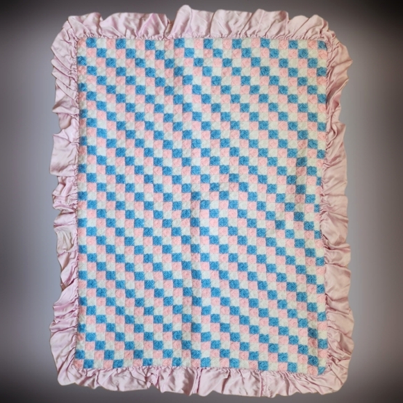 Vintage 80’s Handmade Baby Blanket Pink&Blue Checkered Satin Ruffle Trim 26"x34" - Picture 1 of 5